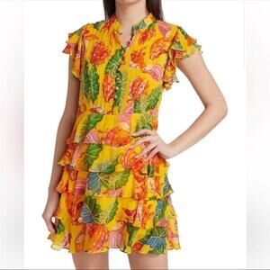 FARM RIO‎ Womens Beaks & Bananas Ruffle Mini Dress Yellow Size S New